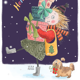 Новогодняя открытка девочка с собачкой и разноцветными подарками