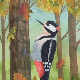Дятел в осеннем лесу