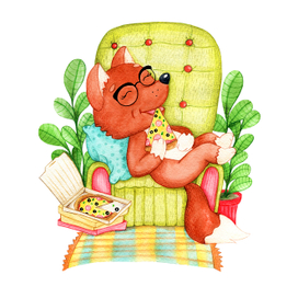 Лисенок дома с любимой пиццей