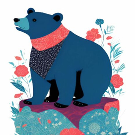 Синий медвежонок в цветущем мире
