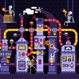 Хэллоуин иллюстрация со скелетами и тыквами