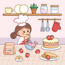 A girl cooks a strawberry cream cake