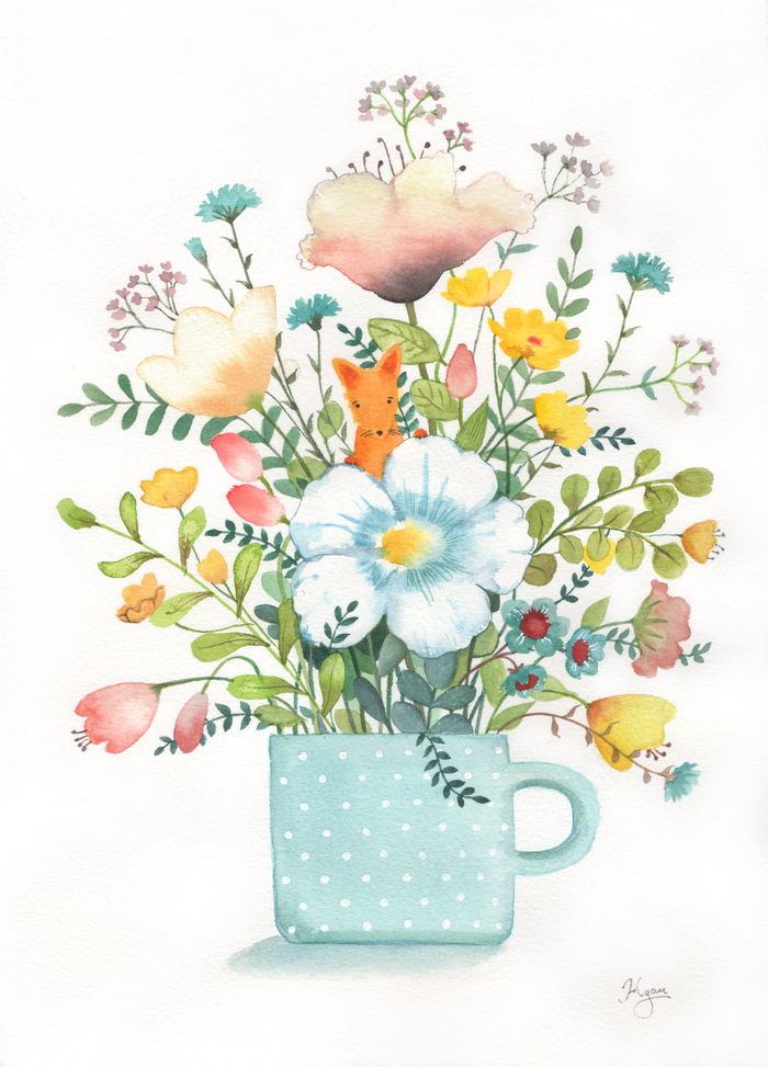 Лисенок в полевых цветах. Акварель.