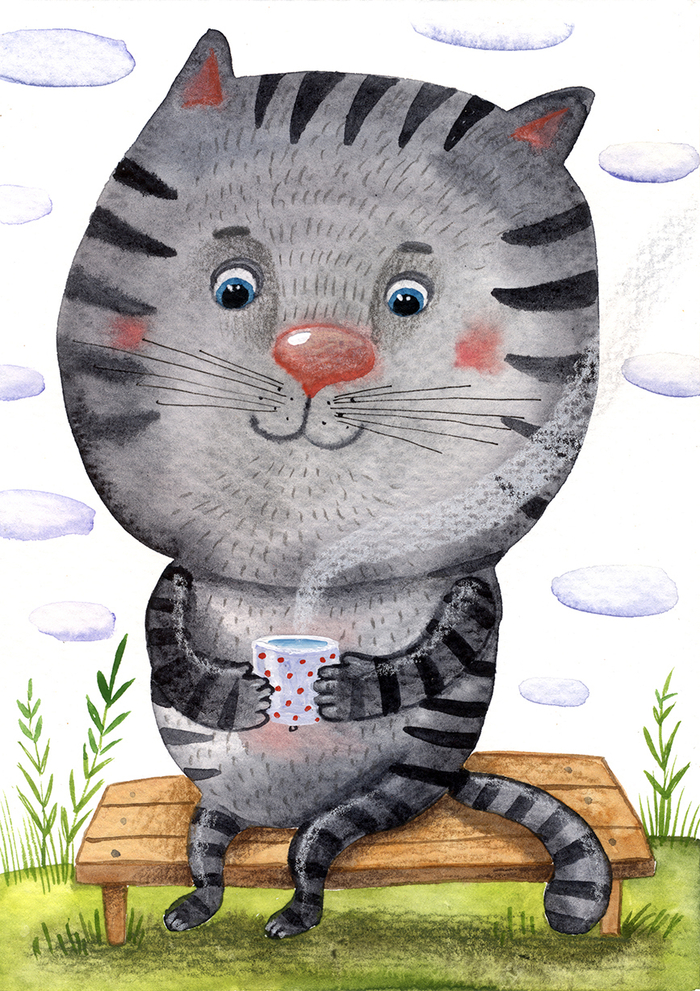 Пухлый кот на скамейке