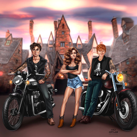 Гарри, Гермиона и Рон в байкерском стиле :) 