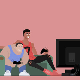 Два друга играют в приставку, одним субботним вечером