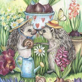 Акварель с ёжиками Встреча в весеннем саду