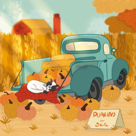 Иллюстрация для календаря 2023 котик тыквы машина деревня осень октябрь персонаж 