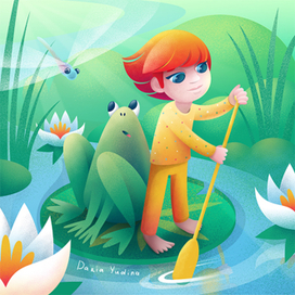 Девочка и лягушка на сапборде из листа кувшинки