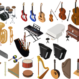 Детализированные музыкальные инструменты в изометрическом стиле