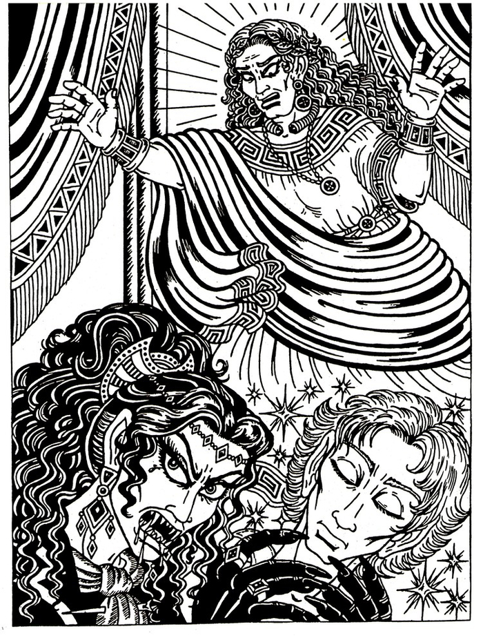 Дива пытается укусить Сида, но Дагмар мешает ему (Иллюстрация Тэльфар Спранги к роману Михаила Дроу 