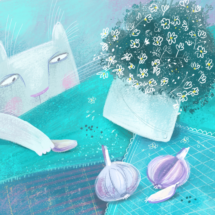 Натюрморт с котом и чесноком