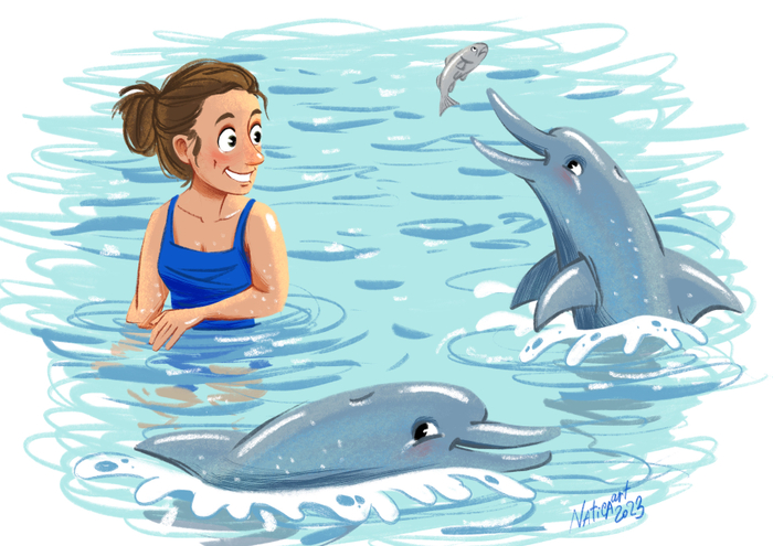 Сюжетная иллюстрация. Девушка и дельфины
