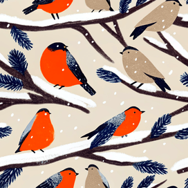 Winter birds on the branches of the Christmas tree