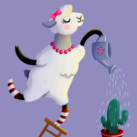 Овечка поливает цветы