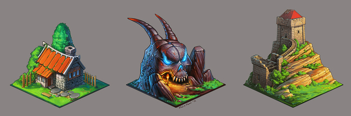 домик, череп и башня