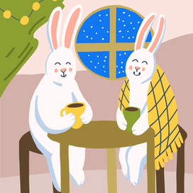 Новогодние зайцы. Иллюстрация к новогодней открытке 