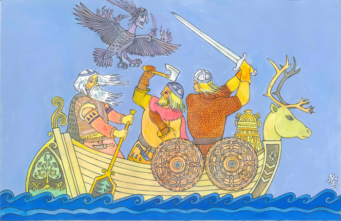 "Защита волшебной мельницы Сампо" ("Калевала"карело-финский эпос ).Серия:Калевала.Первый вариант композиции.Дата создания 2014 год.Бумага акрил тушь. Художник Марат Брызгалов.