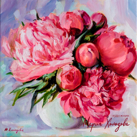 Картина маслом на холсте пионы в вазе