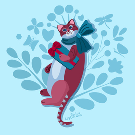 Праздничный котик с подарком на голубом фоне.