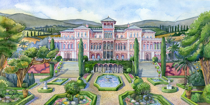 Особняк в в Андалусии. Иллюстрация легенды бренда для  шапки сайта. 