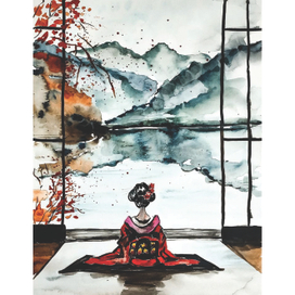 Японская акварель "Созерцание гор"