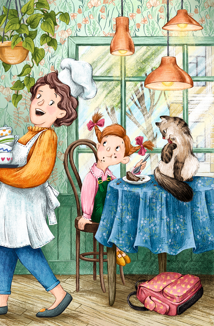 девочка, пирожное и кот