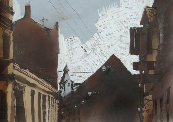 Прибалтийский альбом №2. Лист 15. Б., чеки, тушь, акриловый спрей, гуашь. 40х60