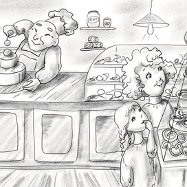 ЧБ эскиз иллюстрации к книжке «Когда бабушка стала маленькой»