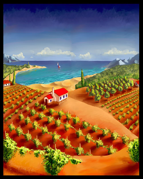 винградники и море (день) (иллюстрация на упаковку белого вина)