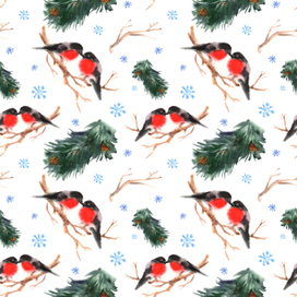 Акварельный паттерн. Снегири 
