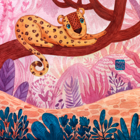 Акварельная иллюстрация Птичка и Леопард разворот для детской книги