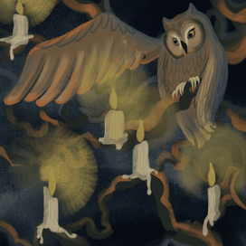 Сова и яркие свечи