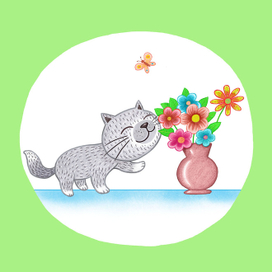 Cat smells the flowers 