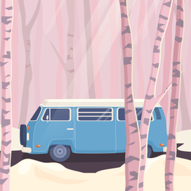 Van in a birch grove