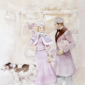 Влюбленная пара на прогулке с собакой