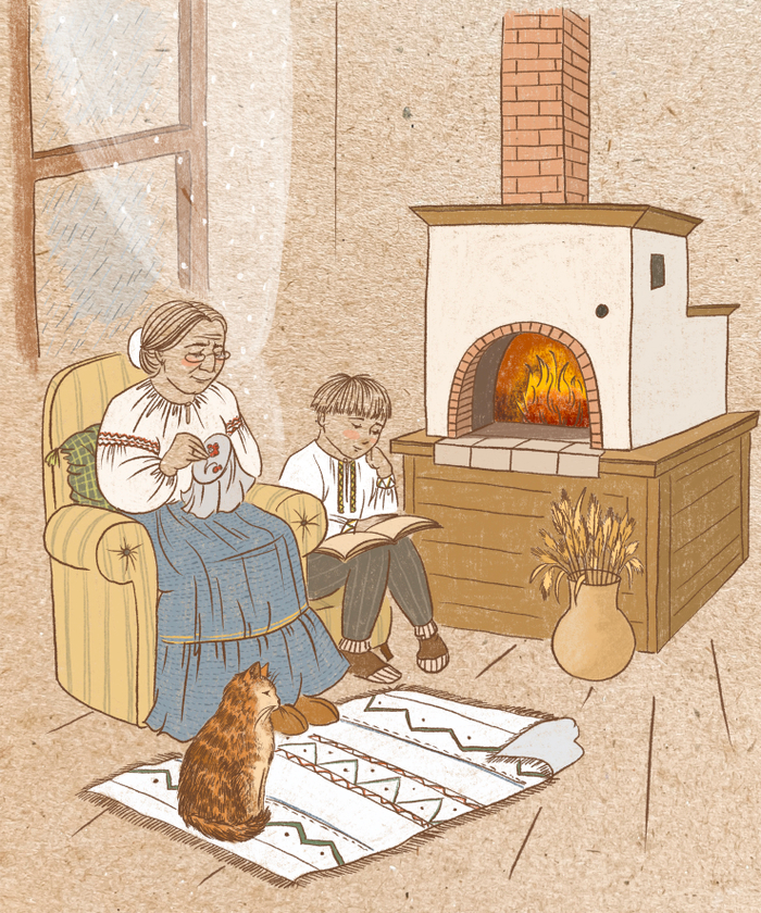 Пожилая казачка с внуком