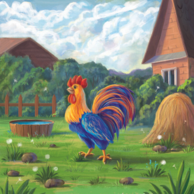 Петух  на лужайке. Иллюстрация для серии детских книг