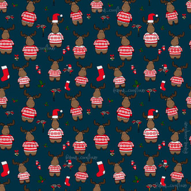 Новогодний паттерн с лосями и снегирями