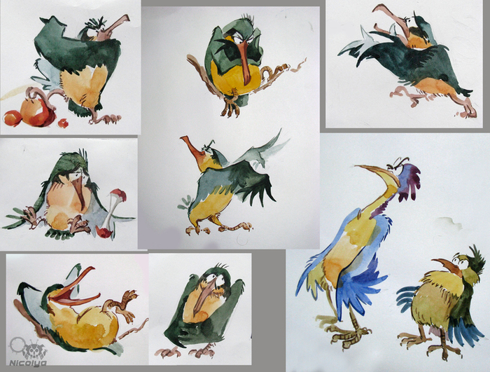 Эскизы персонажей к тайской сказке «Болтливая птичка»( студенческий семестровый проект)