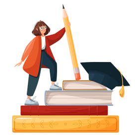 Student with a big pencil. The acquisition of knowledge, achievement of goals in study, at work. Flat student standing pencil. Vector illustration.
