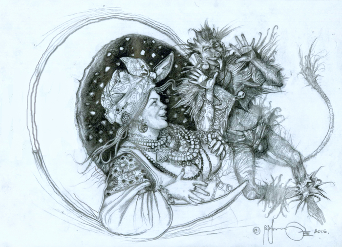 Sketch illustration to Nikolai Gogol novel "The Night Before Christmas." 2016.