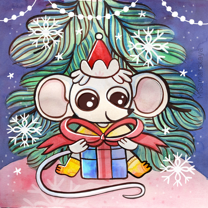 Мышуня упаковывает подарки