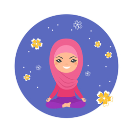 Милая мусульманская девочка занимается йогой на синем фоне
