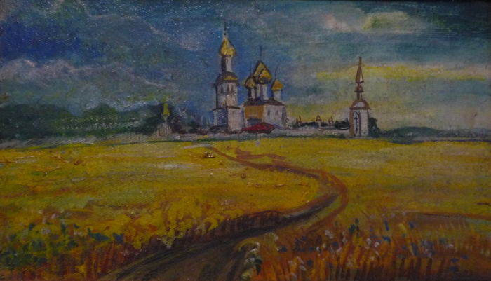 Ильинская церковь.Август.Солнце после грозы.Холст,масло.Размеры картины :19,5 х 35см.Время создания 2005 год.Художник:Марат Брызгалов.