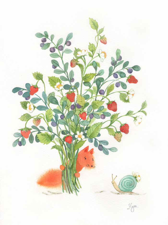 Лисенок, лесные ягоды и улитка.