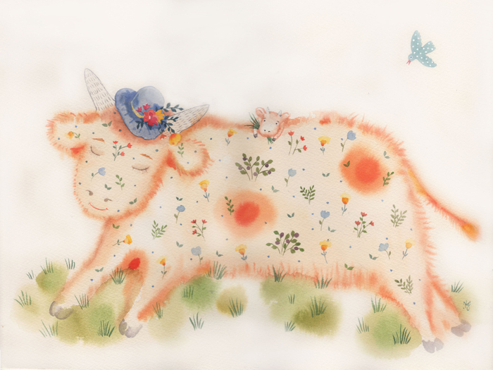 Счастливая корова. Акварель.