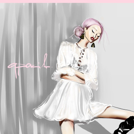 Японка, белое платье, фешн-иллюстрация 