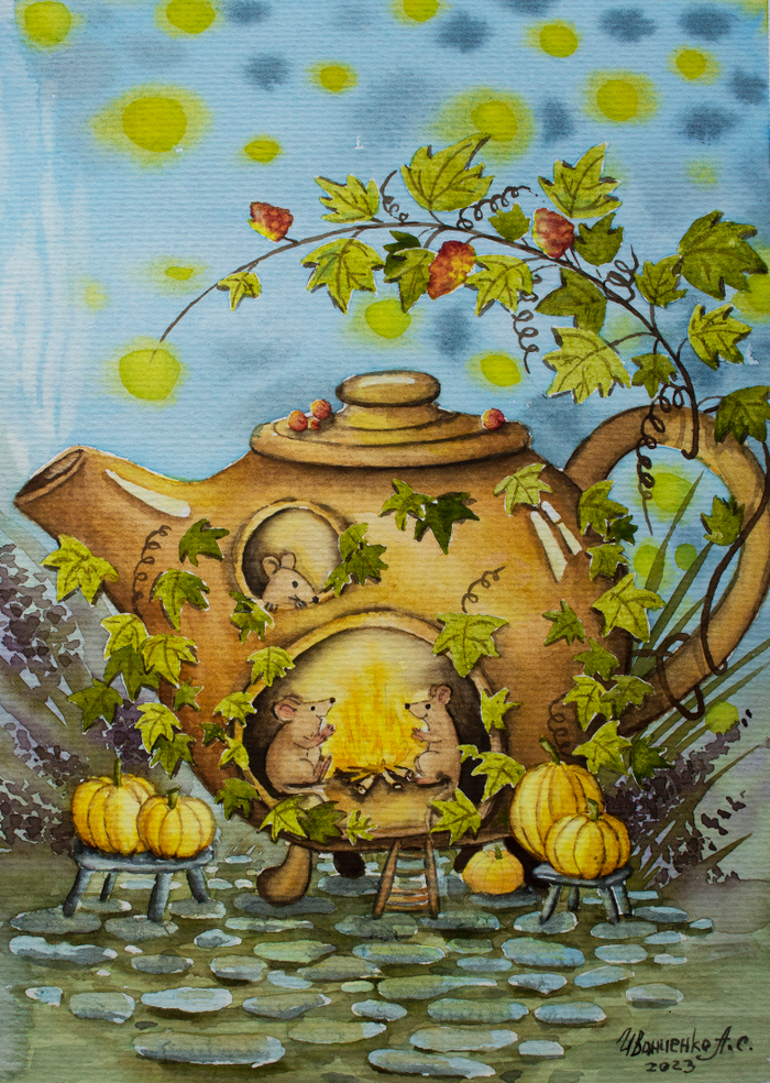 Тёплый вечер у костра. Акварель