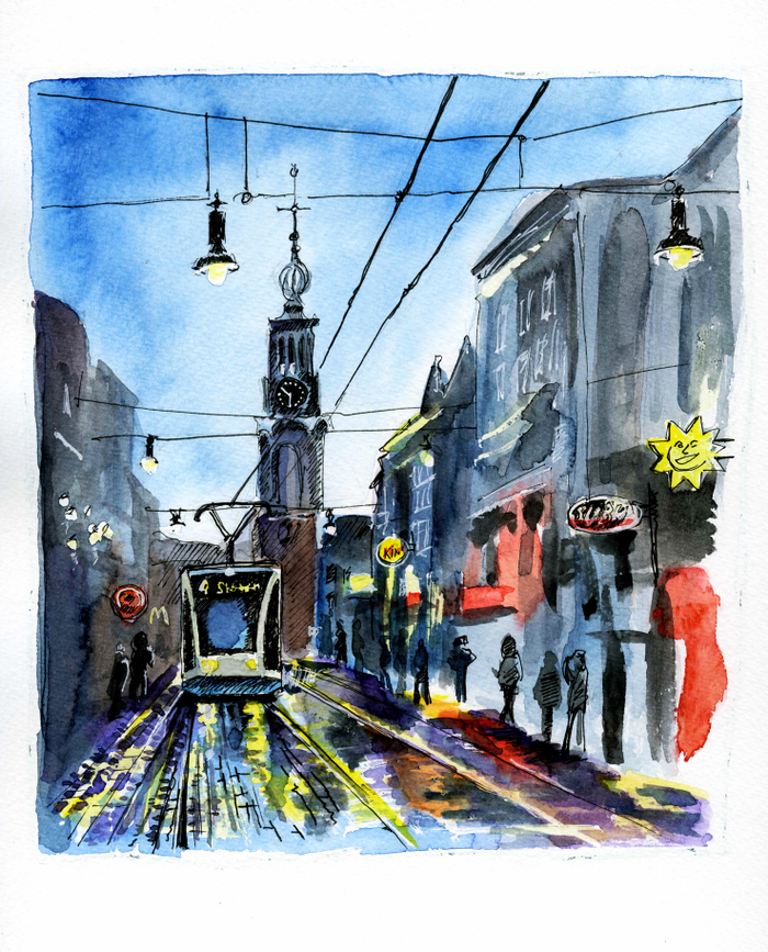 Амстердам. Трамвай. Стемнело.